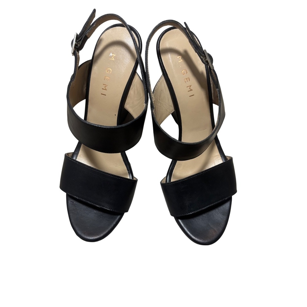 M.Gemi Black Leather Wedge Sandals Made in Italy Slingback Heels Size 39